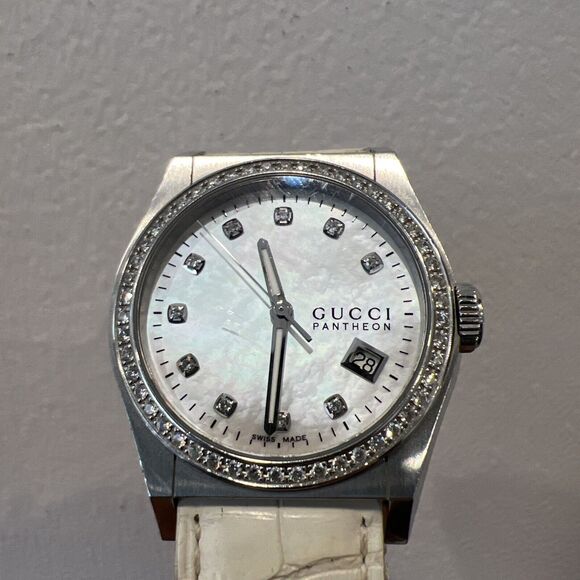 Gucci Watch 115 Pantheon White Leather Strap Gucci YA115410 Diamond main image 5